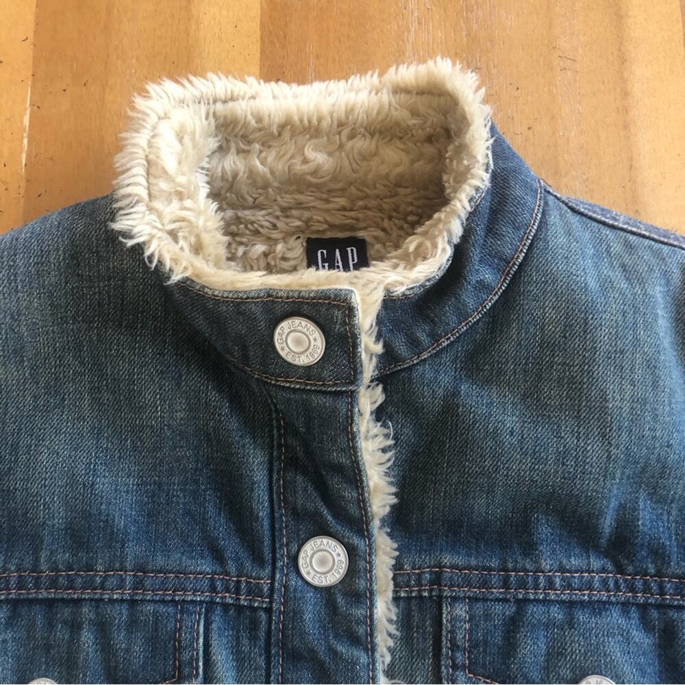Vintage y2k 2000s Denim Jean Jacket Small Shearling Lined Faux Fur Hollister GAP - Picture 3 of 16